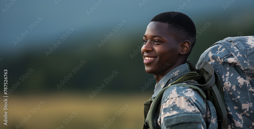 A young soldier, clad in camouflage, looks off into the distance with a hopeful expression, his backpack slung over his shoulder during twilight hours. A young soldier, clad in camouflage, looks off into the distance with a hopeful expression, his backpack slung over his shoulder during twilight hours.