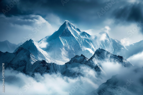 Majestic mountain peaks soar into a misty sky, creating an enigmatic and otherworldly alpine landscape, bathed in ethereal blue tones.