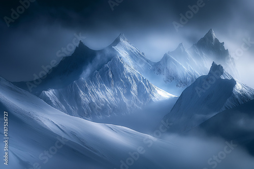 Majestic mountain peaks soar into a misty sky  creating an enigmatic and otherworldly alpine landscape  bathed in ethereal blue tones.