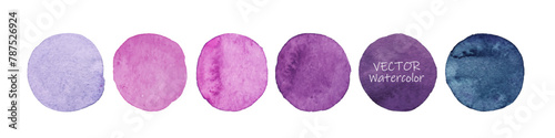 Set of lilac watercolor dots. Hand painted Spots on a white background. Round, circle. Isolated. Blobs of different color. Abstract artistic backgrounds. Watercolor palette with pastel colors. 