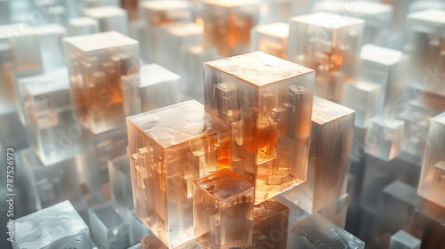 3D render of a cubic structure in golden tones, transparent geometric shapes in space.