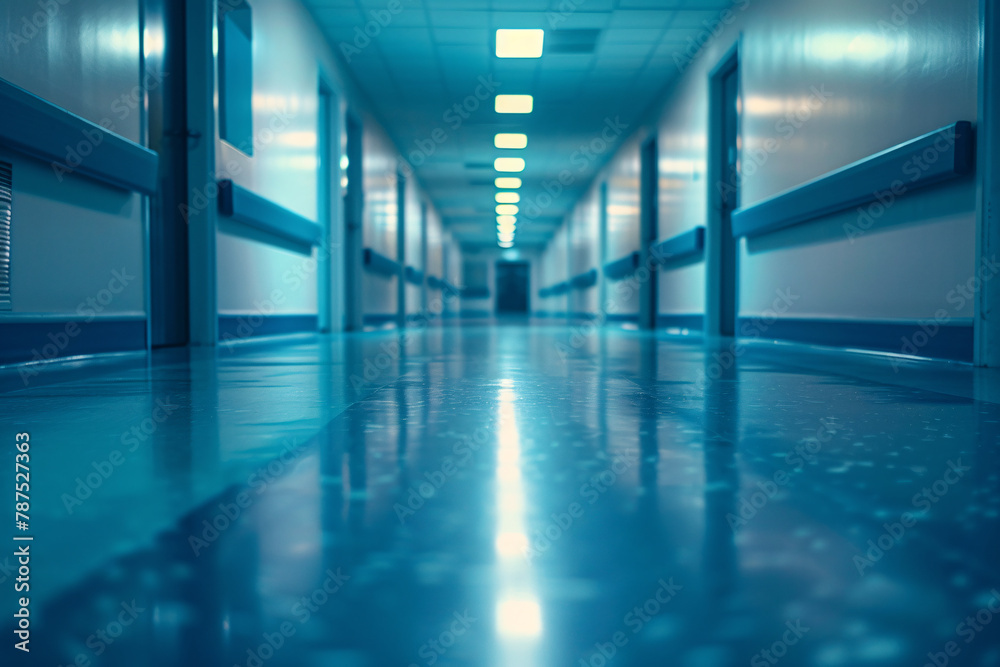 Defocused blurry hospital corridor background, bokeh lights, and reflections on the floor