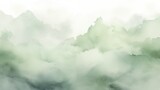 Ethreal Watercolor Painting of Misty Green Mountains and Tranquil Hills.
