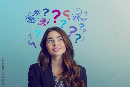 Thoughtful Professional Woman Surrounded by Floating Multicolored Question Marks on Light Blue Gradient