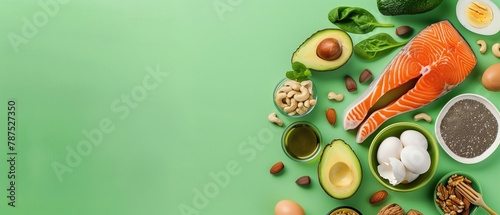 Top View of Keto Diet Essentials with Salmon, Avocado, Eggs, and Nuts on a Vibrant Green Background photo