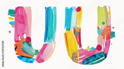 Bright and educational letter U poster for children, each letter distinctively painted with colorful, playful brushstrokes on a simple background