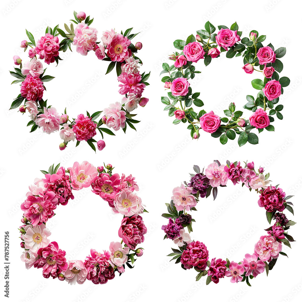 Set of four round frames made of flower wreathes. Flat lay of flower wreathes made of flower buds, branches and leaves isolated on transparent background.