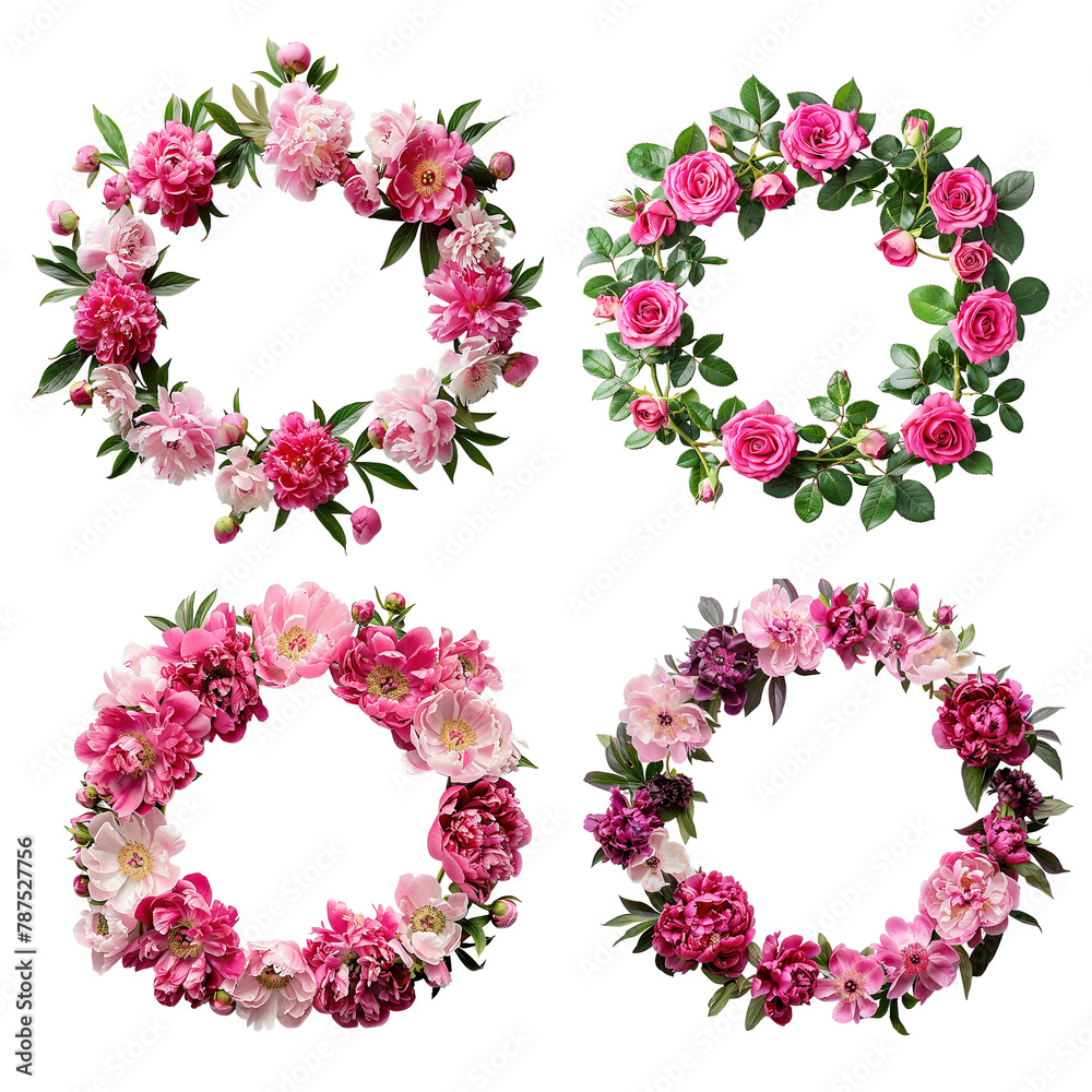 Set of four round frames made of flower wreathes. Flat lay of flower wreathes made of flower buds, branches and leaves isolated on transparent background. Set of four round frames made of flower wreathes. Flat lay of flower wreathes made of flower buds, branches and leaves isolated on transparent background.