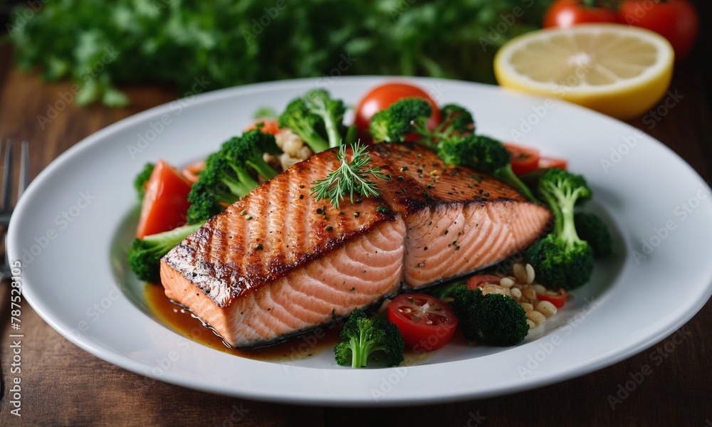 Salmon steak with vegetables on plate, closeup. Healthy food Salmon steak with vegetables on plate, closeup. Healthy food