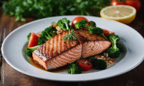 Salmon steak with vegetables on plate, closeup. Healthy food