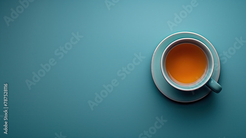 Cup of tea on a blue background. Top view. Minimalistic still life with a cup on a plain background.