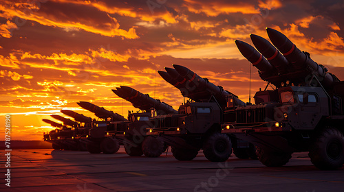 a line of military vehicles equipped with missiles, set against a dramatic sunset or sunrise.