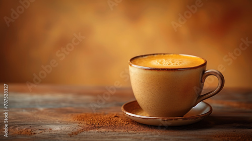 Cup of freshly brewed coffee on a brown table and beige background in a warm cozy atmosphere