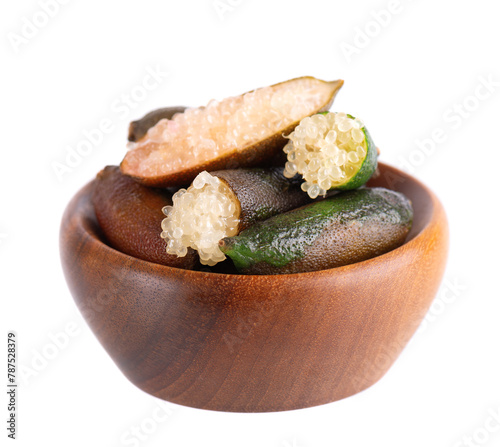 Fresh finger limes in wooden bowl isolated on white background. Caviar lime. Fruits pods.