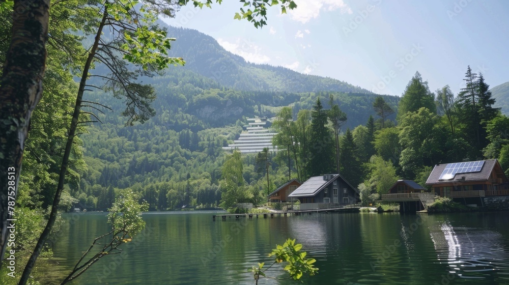 Fototapeta premium A peaceful lakeside scene bathed in sunshine surrounded by towering trees. But as the eye travels up the mountain in the background it reveals a trail of solar panels that stretch .