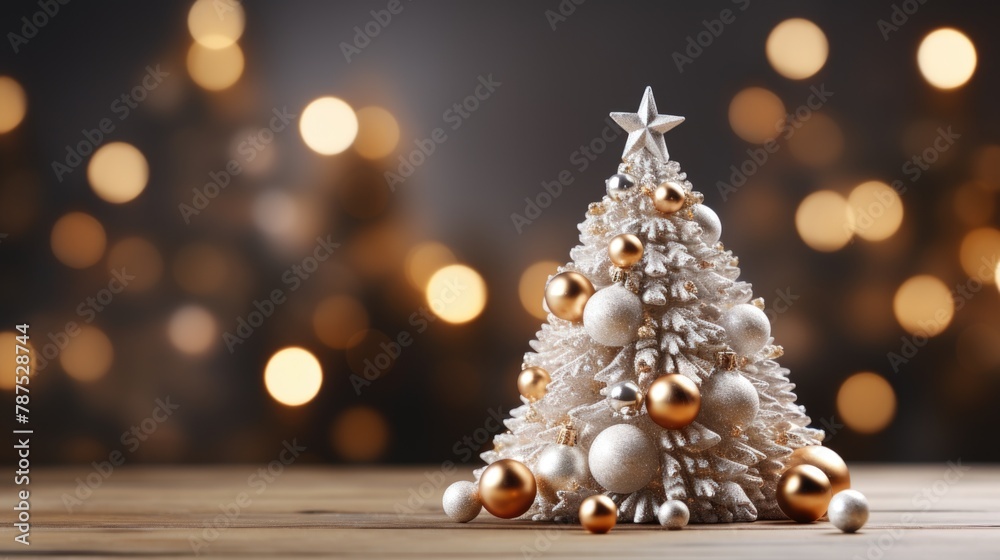 Elegant White Christmas Tree with Golden Decorations on Festive Background