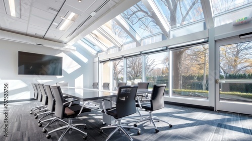 A conference room with large skylights bringing in natural light and fostering a sense of creativity and productivity. .