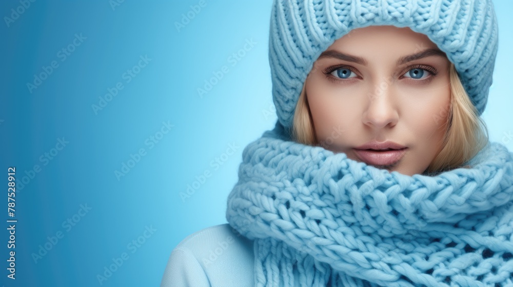 Winter Fashion Beauty: Blonde Woman in Blue Knit Hat and Scarf