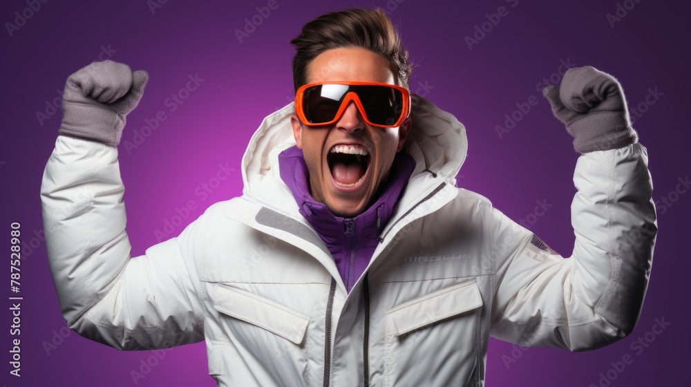 Excited Skier in Stylish Gear Embracing the Winter Season Excited Skier in Stylish Gear Embracing the Winter Season