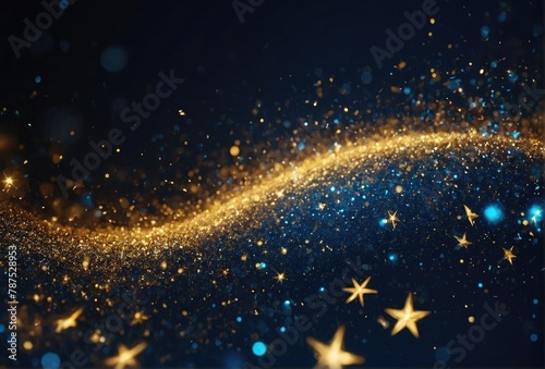 Abstract blue and gold background with particles. Golden light sparkle and star shape on dark endless space wallpaper. 