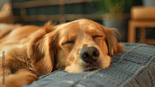 Golden Retriever Sleeping Peacefully on a Blue Blanket