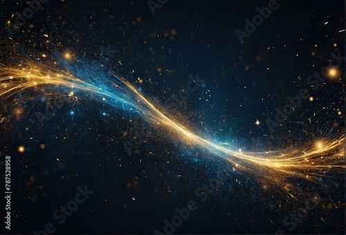 Abstract blue and gold background with particles. Golden light sparkle and star shape on dark endless space wallpaper. 
 photo