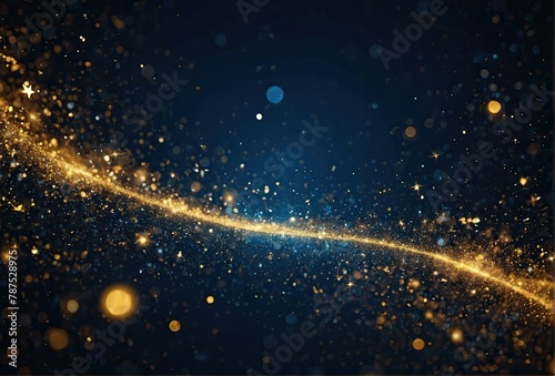 Abstract blue and gold background with particles. Golden light sparkle and star shape on dark endless space wallpaper. 