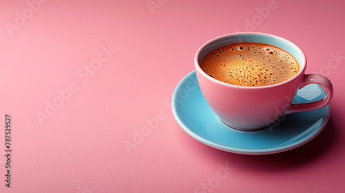 Coffee with foam in a beautiful cup on a pink background.