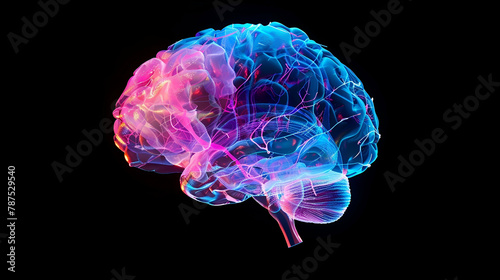 anatomic brain, perfectly designed 3D, solid, pink and blue tones, vivid rainbow colours, plain black background photo