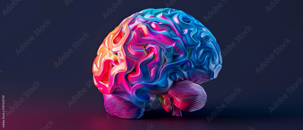 anatomic brain, perfectly designed 3D, solid, pink and blue tones, vivid rainbow colours, plain black background - obrazy, fototapety, plakaty 