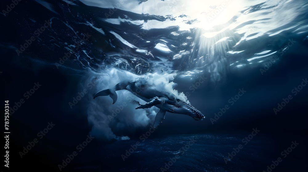 Naklejka premium Blue Whale Diving Back Down Into Ocean Depths (Generative AI)