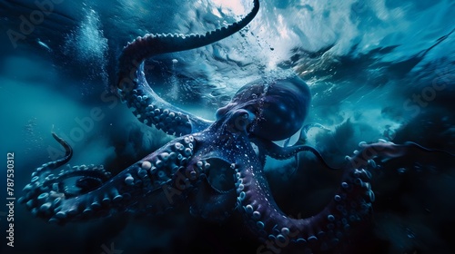 Giant Octopus Close Up In The Deep Sea (Generative AI)