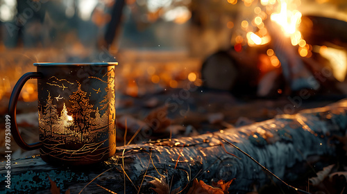 Focus: A metal mug with an intricate design rests on a wooden log. The mug features an artistic engraving of trees and a cabin, illuminated by the warm glow of the campfire