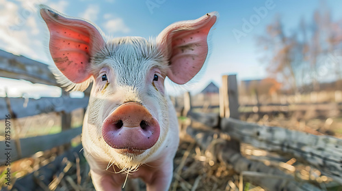 An endearing image featuring a charming pig looking directly at the camera with curious eyes, set against the backdrop of a rustic farmyard photo