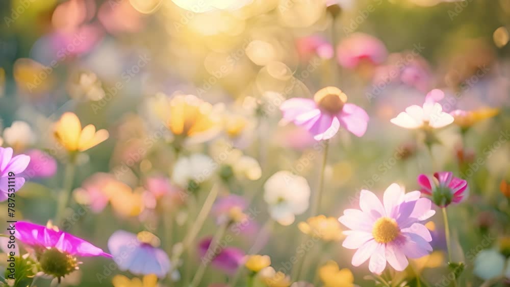 A field of vibrant wildflowers glows under the soft, golden light of the setting sun. A field of vibrant wildflowers glows under the soft, golden light of the setting sun.