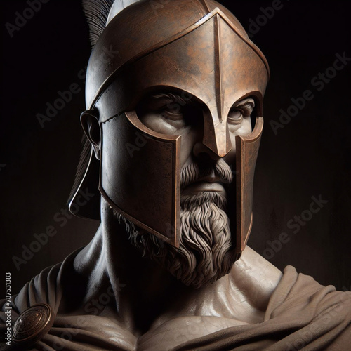 Spartan warrior in armor with shield  antique Greek military soldier. Illustration of an antique spartan warrior in armor with a spear in the forest  an ancient soldier in a helmet.