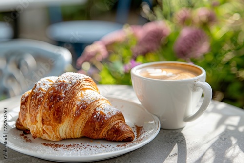 Summertime indulgence with a chocolate croissant and cappuccino at a charming outdoor cafe