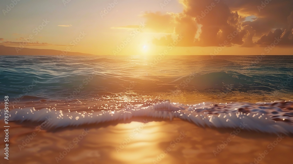 Obraz premium summer beach scene with crystal clear waters, golden sands, and a brilliant sunset in the backdrop, perfect for vacation themes