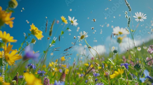 Vibrant spring meadow blossoming with wildflowers, a clear blue sky overhead, bees buzzing softly