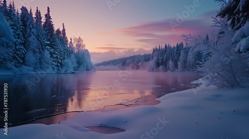 a frozen lake surrounded by snow-covered pines during a serene winter sunrise, reflecting soft hues of pink and blue