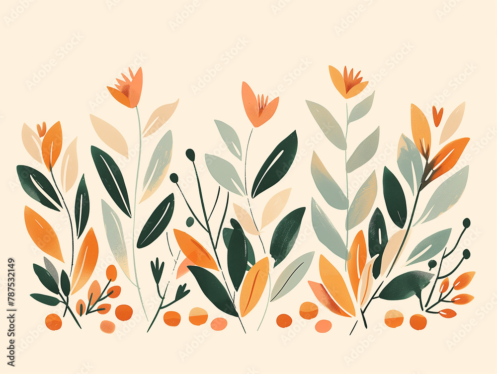 Postcard with an ornament of petals and leaves in orange and green. Postcard with an ornament of petals and leaves in orange and green.