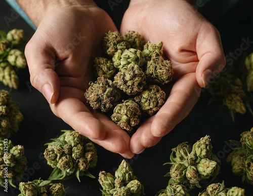 Close-up of a man's hands holding dried buds of the cannabis flower among many other buds.