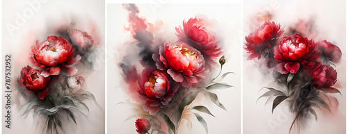 Tryptyk czerwone kwiaty piwonie. Tło kwiatowe wiosenne. Obraz na ściane, dekoracja. Tapeta kwiatowa. Motyw kwiatowy © Iwona