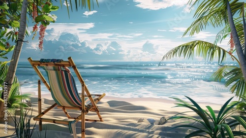 3D rendering, beach chairs on sandy beach with blue sky and sea background
