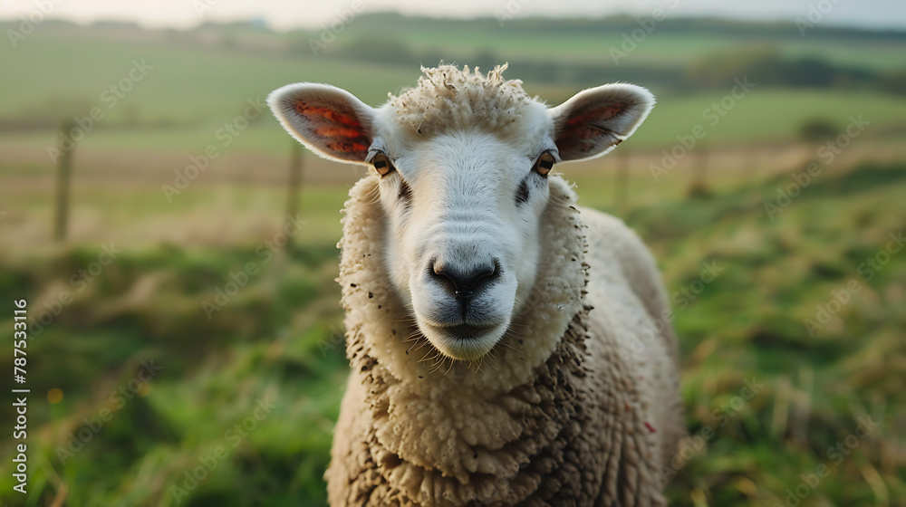 A delightful image featuring a curious sheep gazing directly at the camera with gentle, soulful eyes, set against the backdrop of a lush green pasture. A delightful image featuring a curious sheep gazing directly at the camera with gentle, soulful eyes, set against the backdrop of a lush green pasture.