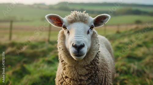 A delightful image featuring a curious sheep gazing directly at the camera with gentle, soulful eyes, set against the backdrop of a lush green pasture.