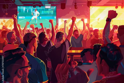 Dynamic atmosphere of a sports bar during a live match. The vibrant colors convey the excitement and passion of the crowd, silhouetted against the glow of multiple screens showcasing the ongoing game. © Peeradontax