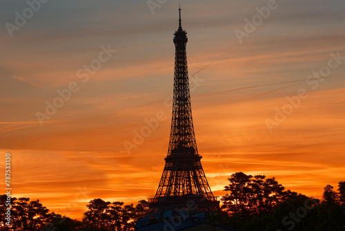 Paris panoramic view, silhouette of Eiffel tower at sunrise