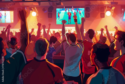 Dynamic atmosphere of a sports bar during a live match. The vibrant colors convey the excitement and passion of the crowd, silhouetted against the glow of multiple screens showcasing the ongoing game.