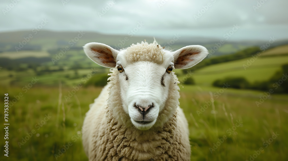 A delightful image featuring a curious sheep gazing directly at the camera with gentle, soulful eyes, set against the backdrop of a lush green pasture.